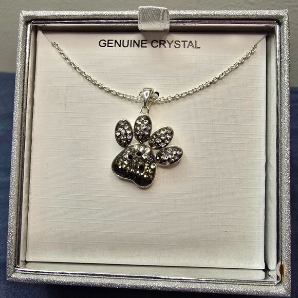 Silver Brass Crystal Pendant - Paw Print - Black, Gray, Silver Crystals - Picture 3 of 5
